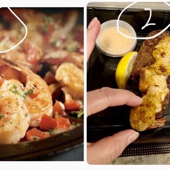 Outback Steakhouse - (1) Menu picture of grilled shrimp on Barbie and (2) what we received - Steakhouses Near Me - Bothell, Washington