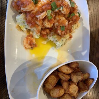 Another Broken Egg Cafe - Shrimp benedict with breakfast potatoes - Breakfast & Brunch Near Me - Overland Park, Kansas