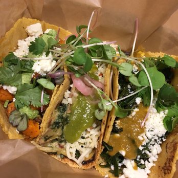Chaia - From left to right... Chipotle sweet potato hash taco, creamy kale + potato taco, smoky collard greens taco - Vegetarian Near Me - Washington, DC, District of Columbia