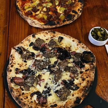 Frankly Pizza - This is the Hot mess. Mozzarella, pickled jalapeño, caramelized onions, house-made bacon, Gruyère, Romano. - Pizza Near Me - Kensington, Maryland