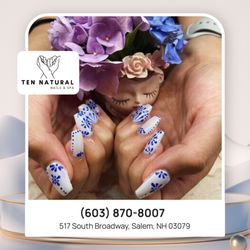 Ten Natural Nails & Spa - Azure Elegance:  Our blue and white nail design is a timeless classic, perfect for any occasion.