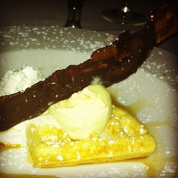 Chocolate-covered bacon on a waffle with bourbon ice cream...wow. Chocolate-covered bacon on a waffle with bourbon ice cream...wow.