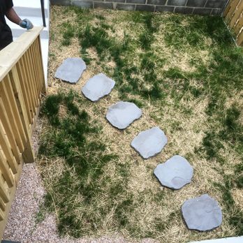 District Landscapes - BEFORE. This was the day we tested out the stones with Sean. The space was full of patchy grass, rocks,weeds, garbage + construction debris. - Landscaping Near Me