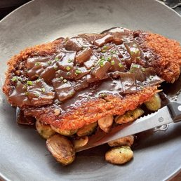 Pork Schnitzel with Onion Gravy, Fingerling Potatoes and Brussel Sprouts Pork Schnitzel with Onion Gravy, Fingerling Potatoes and Brussel Sprouts