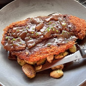 Pickled Fish Restaurant - Pork Schnitzel with Onion Gravy, Fingerling Potatoes and Brussel Sprouts - New American Near Me - Long Beach, Washington