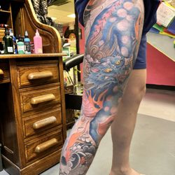 Japanese leg tattoo in progress by Russ