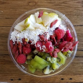 Cafe Nune - Half pitaya and half acai. Kiwi, raspberry, pear, coconut flakes, gogi berries, lemon granola, honey drizzle. - Juice Bars & Smoothies Near Me - Dunellen, New Jersey Cafe Nune - Half pitaya and half acai. Kiwi, raspberry, pear, coconut flakes, gogi berries, lemon granola, honey drizzle. - Juice Bars & Smoothies Near Me - Dunellen, New Jersey