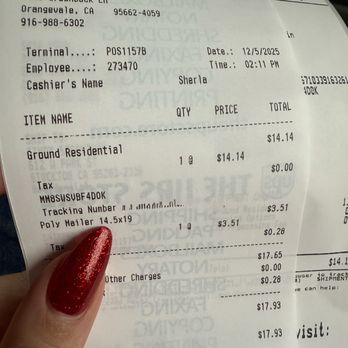 The UPS Store - My receipt, a bit pricier than I thought, but love UPS and hope giveaway winner enjoys their prize! :-) - The image displays a receipt from The UPS Store located in Orangevale, CA, dated December 5, 2025, at 2:11 PM. It includes transaction details such as the terminal number, employee ID, cashier's name, and a list of purchased postage services, including a tracking number and postage cost. The receipt is held by a person with red, glittery nail polish, and the background is dark, suggesting it was taken inside a vehicle or a similar setting. - Printing Services Near Me - Orangevale, California