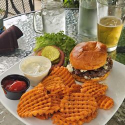 Black Rabbit Bar & Grille - The Bailey Burger cooked to perfection, on a fresh brioche roll, sweet potato fries, horseradish mayo for dipping!
