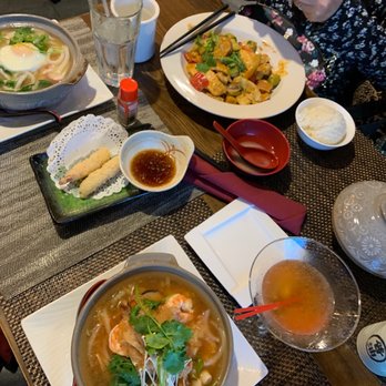 Miku Sushi - Spicy seafood udon(bottom left), chicken udon with shrimp tempura top left, chicken coconut curry top right - Japanese Near Me - Barrington, Rhode Island Miku Sushi - Spicy seafood udon(bottom left), chicken udon with shrimp tempura top left, chicken coconut curry top right - Japanese Near Me - Barrington, Rhode Island