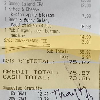 Blackfinn Ameripub - DC - This is a photo of the convenience fee the manager sticks their customers with.  He also charges a fee for using a credit card. - Sports Bars Near Me - Washington, DC, District of Columbia