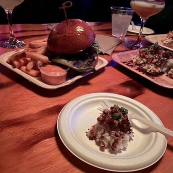 Stowaway - Crispy Rice Cakes with spicy samon and chicken sandwich - Tiki Bars Near Me - Tustin, California Stowaway - Crispy Rice Cakes with spicy samon and chicken sandwich - Tiki Bars Near Me - Tustin, California