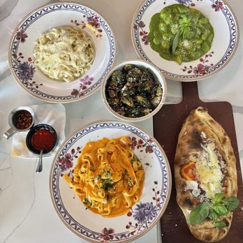 Bottega - Salmon Fettuccine, Fettuccine Alfredo, Gnocchi, Calzone, and Brussel Sprouts - Italian Near Me - San Francisco, California