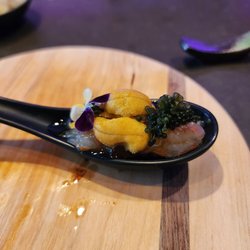 Q Sushi Bar & Omakase - Uni on Canadian shrimp with chili oil and seaweed