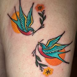 Wrapped In Plastic Ink - Matching American traditional swallows with complementary colors by Mandi at Wrapped in Plastic INK, Costa Mesa, Orange County, CA.