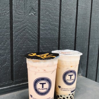 Tpumps - Left: peach green milk tea, Right: Honey green milk tea - Bubble Tea Near Me - San Jose, California