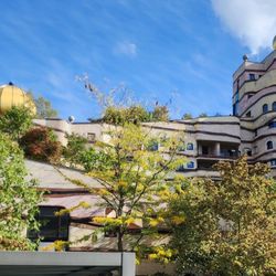 Waldspirale Hundertwasserhaus - The view from ALDI's parking lot.