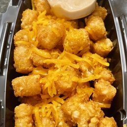 Queso Tots, Cold, soggy with hard cheese.