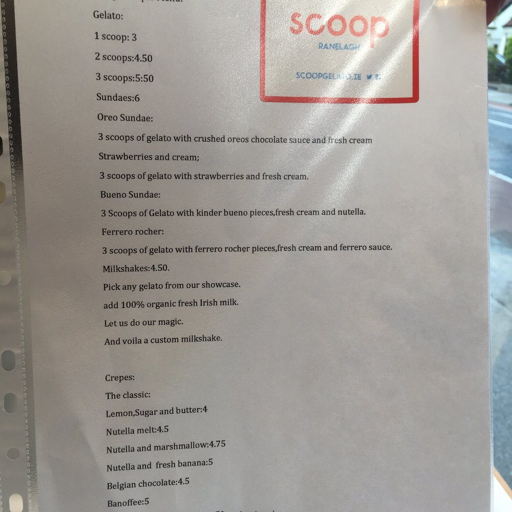 Scoop - Preliminary menu with prices for the opening! - Creperies Near Me - Dublin, D