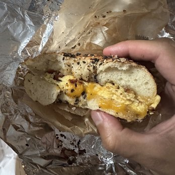 BO's Bagels - toasted everything with BEC and cream cheese (lacking the cream cheese) - Bagels Near Me - New York, New York