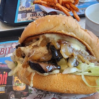 Habit Burger & Grill - Portabella Char burger with sweet potato fries ( in the background) - Burgers Near Me - Hermosa Beach, California Habit Burger & Grill - Portabella Char burger with sweet potato fries ( in the background) - Burgers Near Me - Hermosa Beach, California