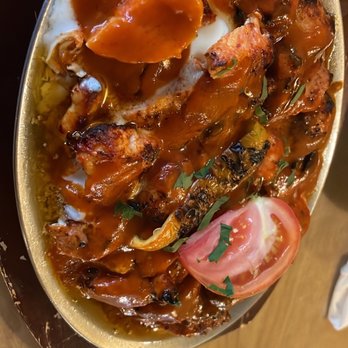 Hakki Baba - Chicken Shish Kebab with Yogurt (Yogurtlu Tavuk Sis) Bread croutons below - Turkish Near Me - Cliffside Park, New Jersey