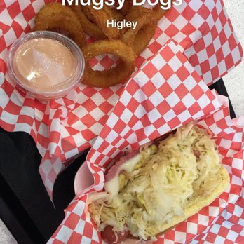 Mugsy Dogs - Gilbert - Reuben Dog with Onion Rings and Fry Sauce - American Near Me - Gilbert, Arizona Mugsy Dogs - Gilbert - Reuben Dog with Onion Rings and Fry Sauce - American Near Me - Gilbert, Arizona