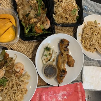 Thai Thai - Going clockwise from the top: Pad See Eiw with shrimp, Pad Thai, Gai Yang, DELICIOUS potstickers, and Mango Sticky Ruce - Thai Near Me - Lakewood, Ohio Thai Thai - Going clockwise from the top: Pad See Eiw with shrimp, Pad Thai, Gai Yang, DELICIOUS potstickers, and Mango Sticky Ruce - Thai Near Me - Lakewood, Ohio
