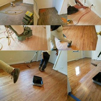 A Plus Decorating - We refinished the hardwood floor. We used Early American stain color.  Floor used to be covered with carpet and adhesive glue. - Flooring Near Me - Arlington Heights, Illinois