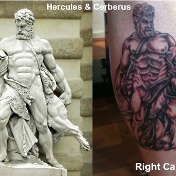 Rogue Tattoo - Hercules Wrestling Cerberus with statue reference - tattoo by Travis - Tattoo Near Me - Pittsburgh, Pennsylvania Rogue Tattoo - Hercules Wrestling Cerberus with statue reference - tattoo by Travis - Tattoo Near Me - Pittsburgh, Pennsylvania