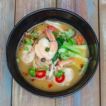 Sili Miami - TOM YUM NOODLE SOUP, shrimp, vermicelli noodles, mushroom, baby bok choy - Asian Fusion Near Me - Miami, Florida