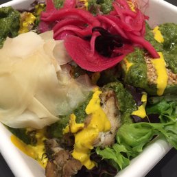 Field greens, spicy cold noodles, sesame avocado, roasted chicken, turmeric tahini, chimichurri, pickled onions, pickled ginger Field greens, spicy cold noodles, sesame avocado, roasted chicken, turmeric tahini, chimichurri, pickled onions, pickled ginger