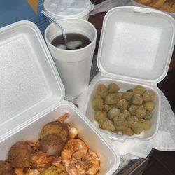 Shrimp boil, fried okra, Jamaican jerk wings, onion rings, sweet tea