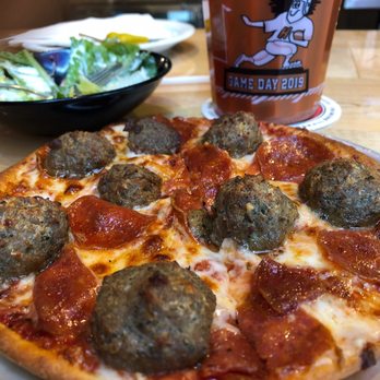 Hideaway Pizza - "Lunch Special" 2-topping "Personal Pizza" (pepperoni + meatball + thin crust) + "Beginner" salad w/ world class Ranch dressing. - Pizza Near Me - Fort Smith, Arkansas