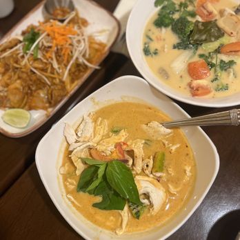 Thai Lotus - Pad Thai (left), Tom Kha Noodle Soup (right), Pumpkin Curry (center) - Thai Near Me - Reno, Nevada Thai Lotus - Pad Thai (left), Tom Kha Noodle Soup (right), Pumpkin Curry (center) - Thai Near Me - Reno, Nevada