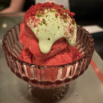Quality Bistro - Raspberry sorvet with pistachio cream and raspberry compote - French Near Me - New York, New York Quality Bistro - Raspberry sorvet with pistachio cream and raspberry compote - French Near Me - New York, New York