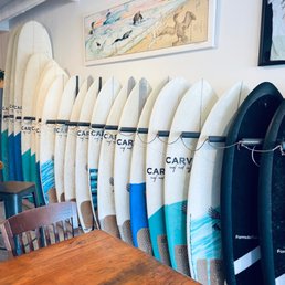 Nice quiver of fun boards for rent. Most under 6' I believe. The black ones are foamies.
