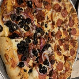 Pizza, half custom, half meats