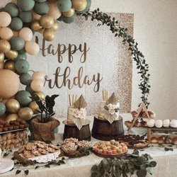 My Magical Balloons - Sage green, nude, and gold birthday party decoration and dessert table