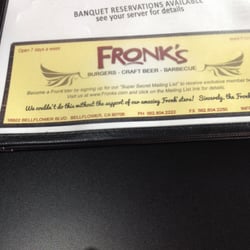 Fronk's - Back of menu contact info