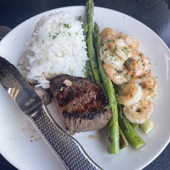 Elbow Room - So yummy great portion ! Sirloin steak with shrimp scampi. - New American Near Me - Fresno, California Elbow Room - So yummy great portion ! Sirloin steak with shrimp scampi. - New American Near Me - Fresno, California