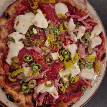 Eighth & Hays - Capo pizza special with pepperoni,  hot capicolla, pepperoncinis, castelvetrano olives, Serrano chili, fresh mozzarella - Wine Bars Near Me - Homestead, Pennsylvania