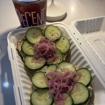 Decent Bagel - Open face sesame bagel ! Pickled shallots yum - Bagels Near Me - Nederland, Colorado