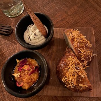 Meteora - Wildflower Porridge Bread whipped cheese and honey sauce - New American Near Me - Los Angeles, California