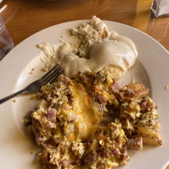 Griddlecakes - Meat Lover's Scramble with biscuit and country gravy - Breakfast & Brunch Near Me - Las Vegas, Nevada