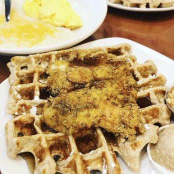 Dame's Chicken and Waffles - Chicken cutlet and waffles with grits and scrambled eggs - New American Near Me - Cary, North Carolina