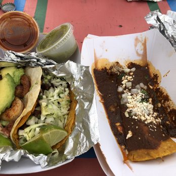 Tres Amigos - Enchilada de mole, shrimp taco, taco al pastor - Food Trucks Near Me - Flagstaff, Arizona