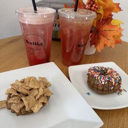 Healthy cravings - Pink drink & watermelon cucumber drink, with sprinkles & cinnamon crunch donuts