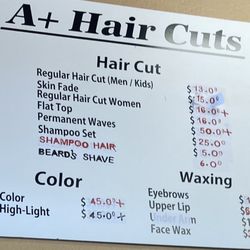 A + Hair Cuts - Prices 8/5/22