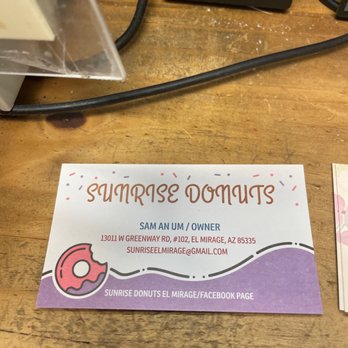 Sunrise Donuts - a business card on a desk - Donuts Near Me - Surprise, Arizona Sunrise Donuts - a business card on a desk - Donuts Near Me - Surprise, Arizona
